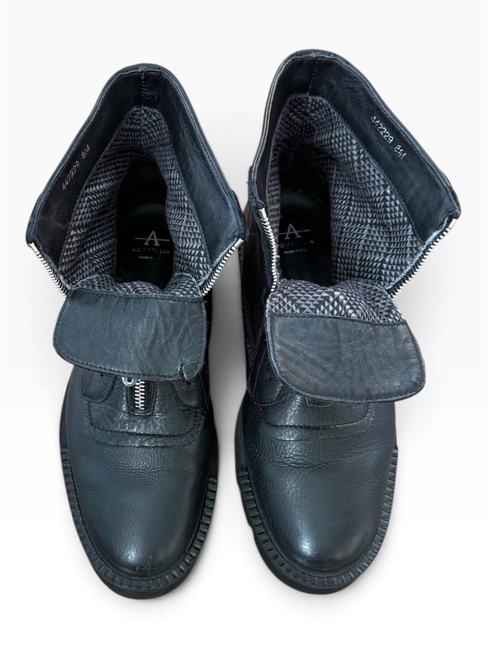 Aquatalia Angelina Black Tumbled Leather Front-Zip Combat Boots Size 8M